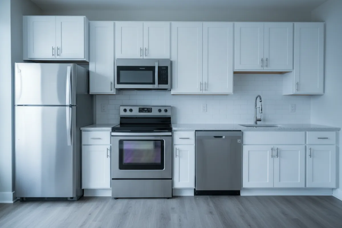 Clean vacant apartment kitchen after standard turnover cleaning.